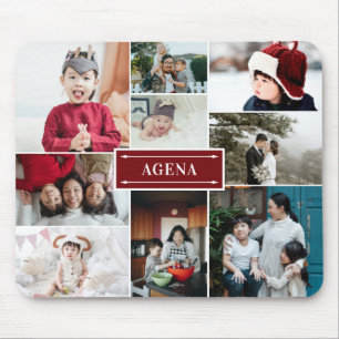 Deep Red Family Photo Collage & Name Mouse Pad