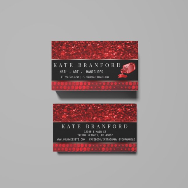 Deep Red Faux Glitter Nail Art Manicure Salon Business Card (Creator Uploaded)