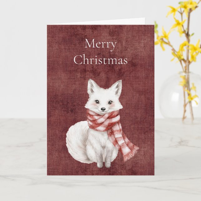 Deep Red Faux Linen (linen look) Fox Christmas Card (Yellow Flower)