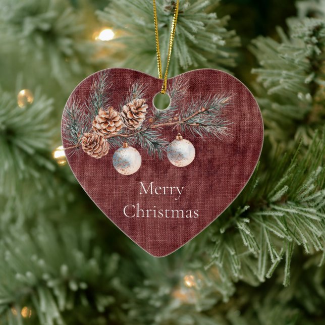 Deep Red Faux Linen (linen look) Pine Cones Ceramic Ornament (Tree)