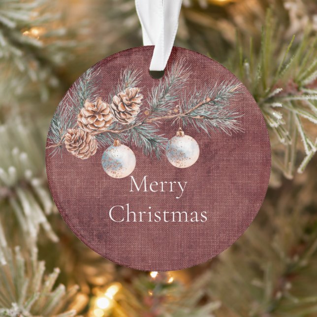 Deep Red Faux Linen (linen look) Pine Cones Ornament (Tree)