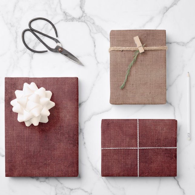 Deep Red Faux Linen Wrapping Paper Sheet (Front)