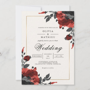 Deep Red Floral Accent Wedding Invitation