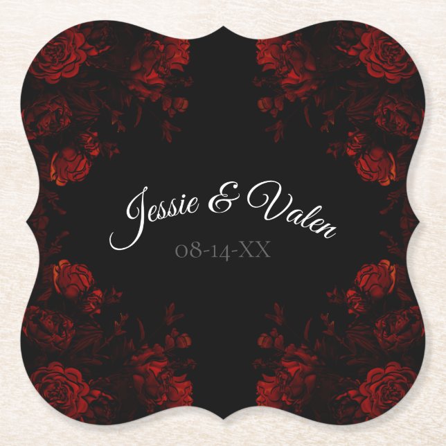 Deep Red Floral Elegant Gothic Wedding Paper Coaster (Front)