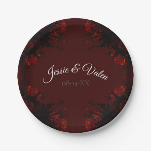 Deep Red Floral Elegant Gothic Wedding Paper Plate