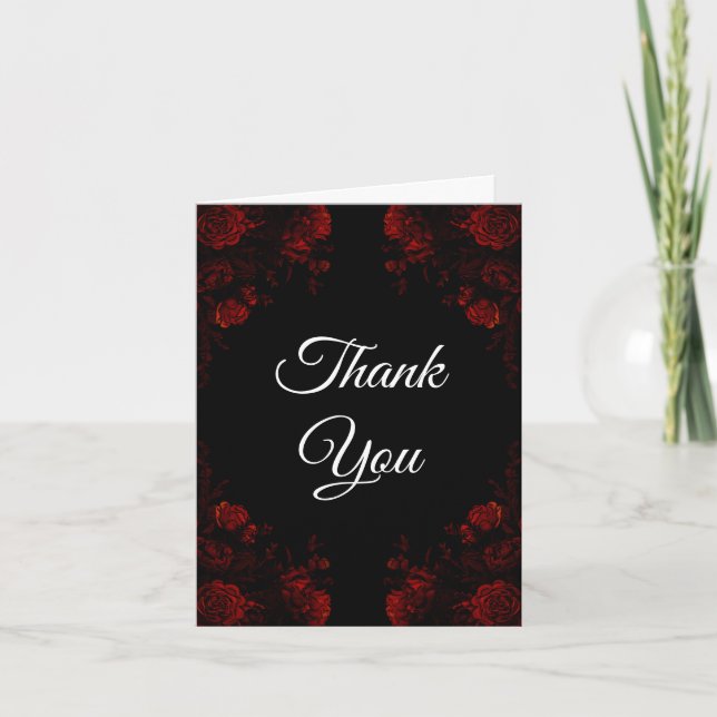 Deep Red Floral Elegant Gothic Wedding Thank You Card (Front)