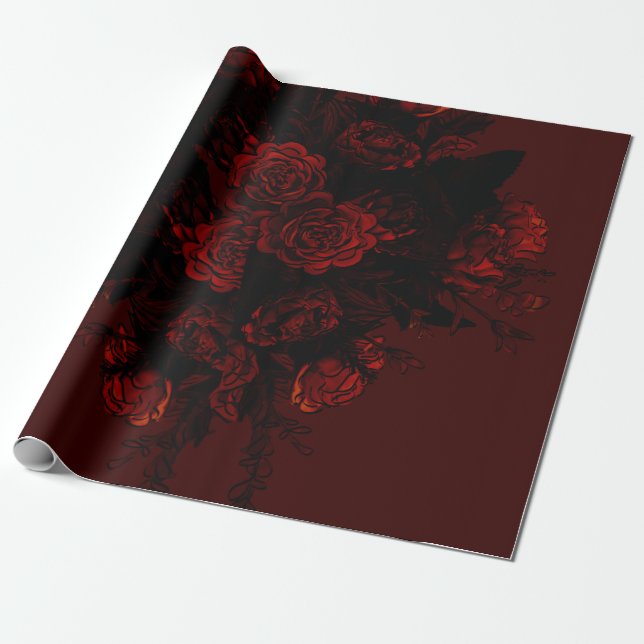 Deep Red Floral Elegant Gothic Wedding Wrapping Paper (Unrolled)