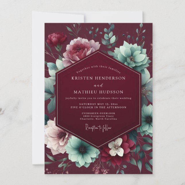 Deep Red Floral Moody Wedding Invitation (Front)