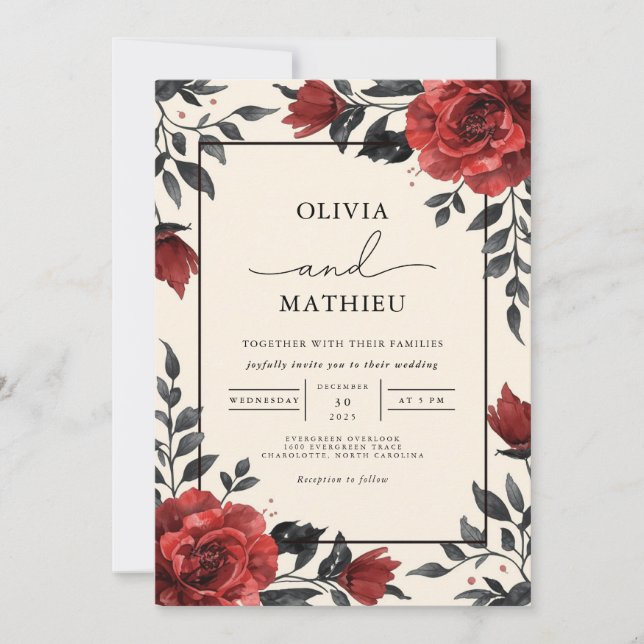 Deep Red Floral Romantic Wedding Invitation (Front)