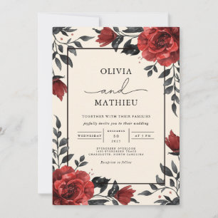 Deep Red Floral Romantic Wedding Invitation