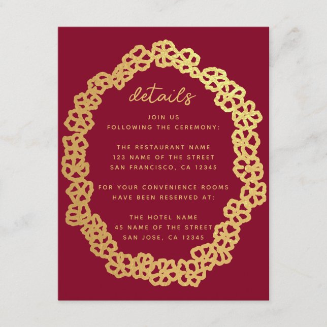 Deep Red Floral Wedding Details Faux Gold Wreath Enclosure Card (Front)