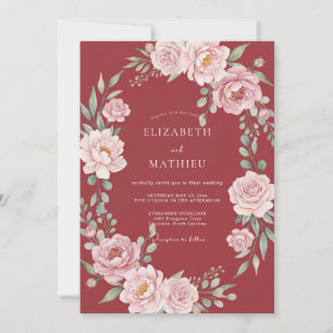 Deep Red Floral Wreath Wedding Invitation