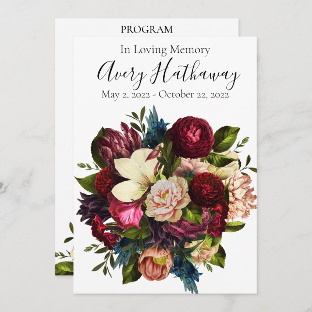 Deep Red Flower Bouquet Funeral Memorial Program  (Front/Back)
