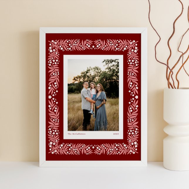 Deep Red Folk Art Floral Frame with Custom Text Poster (Burgundy red Scandinavian folk art style frame with custom photo and text caption)