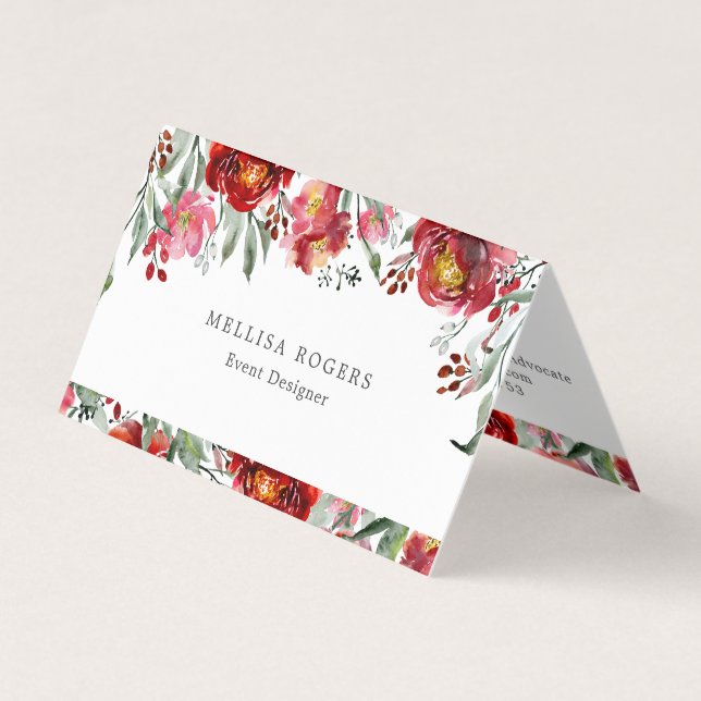 Deep-red garden flowers border business card (Front)