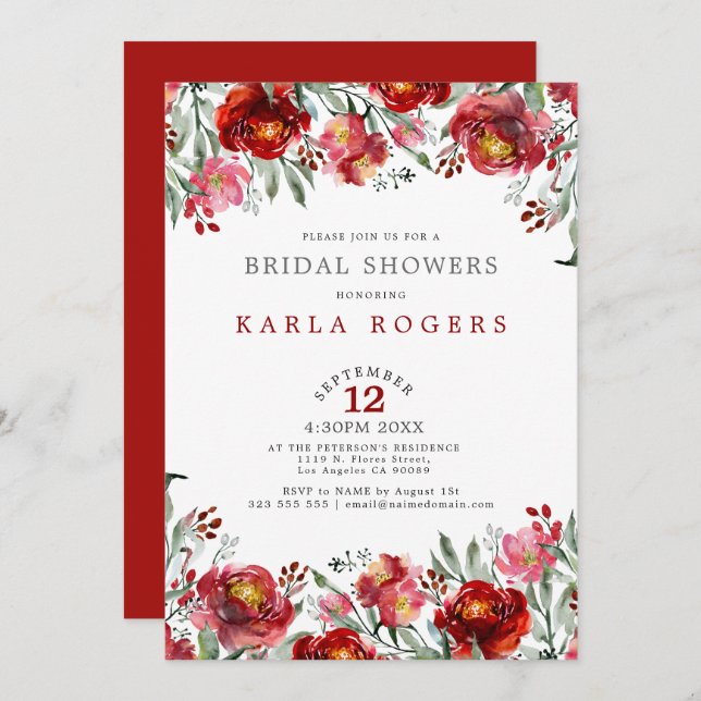 Deep-red garden flowers border invitation (Front/Back)