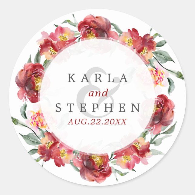 Deep-red Garden Flowers Wreath Classic Round Sticker (Front)