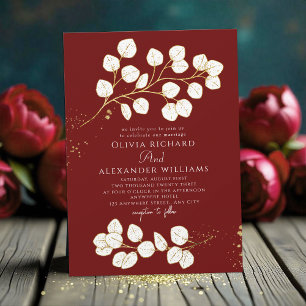 Deep Red Glod greenery Eucalyptus Wedding Invitation