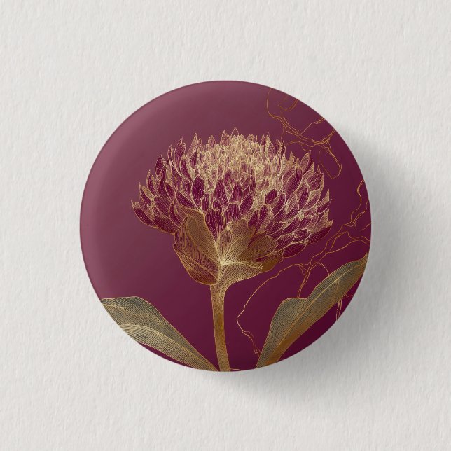 Deep Red Gold Botanical Flower Linework 3 Cm Round Badge (Front)