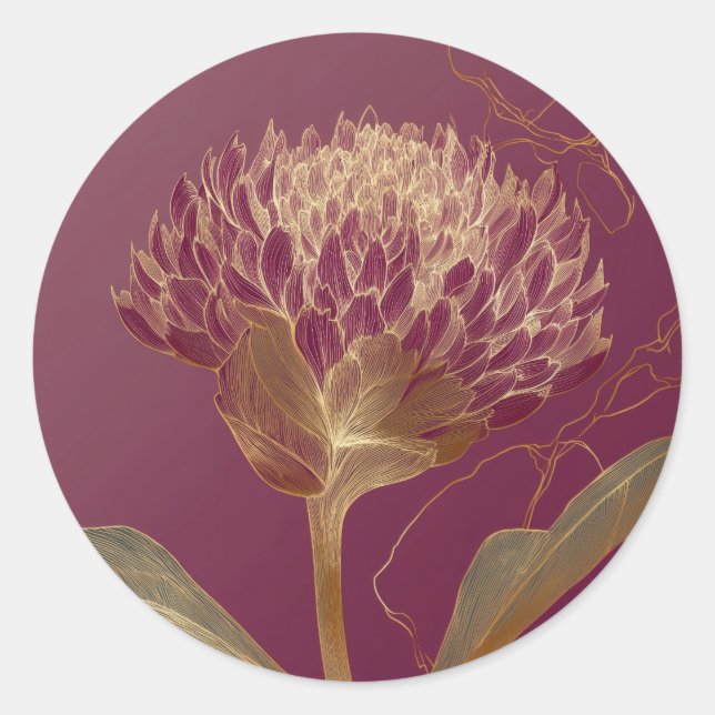 Deep Red Gold Botanical Flower Linework Classic Round Sticker (Front)