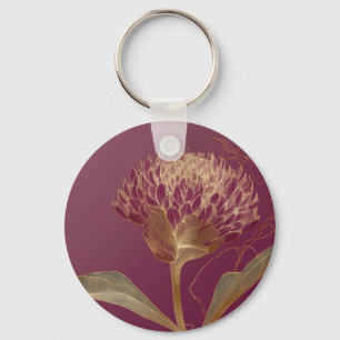 Deep Red Gold Botanical Flower Linework Key Ring