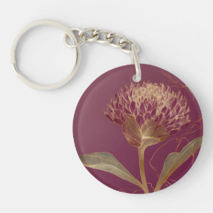 Deep Red Gold Botanical Flower Linework Key Ring