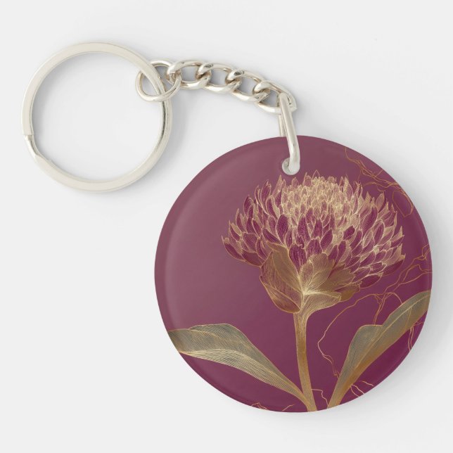 Deep Red Gold Botanical Flower Linework Key Ring (Front)