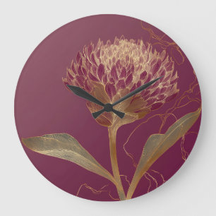 Deep Red Gold Botanical Flower Linework Large Clock
