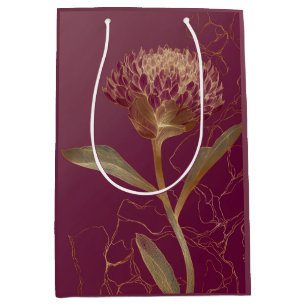 Deep Red Gold Botanical Flower Linework Medium Gift Bag