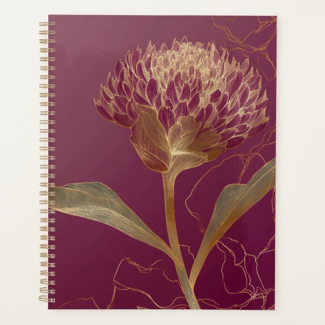 Deep Red Gold Botanical Flower Linework Planner (Front)