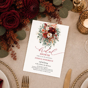 Deep Red Gold Burgundy Floral autumn bridal shower Invitation