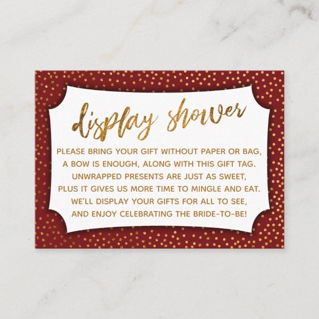 Deep Red & Gold Confetti Display Shower Gift Card (Front)