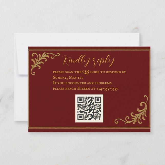 Deep Red & Gold Embossed QR Code RSVP Card (Front)