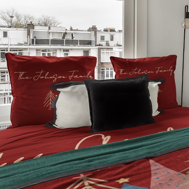 Deep Red & Gold Family Name Merry Christmas  Decorative Cushion (Creator Uploaded)