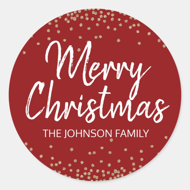 Deep RED Gold Glitter Confetti Merry Christmas Classic Round Sticker (Front)