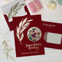 Deep Red Gold Watercolor Leaf Joyous Holiday