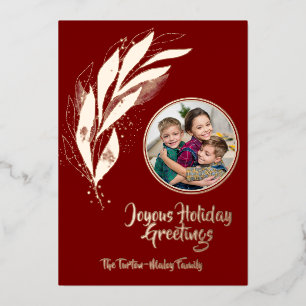Deep Red Gold Watercolor Leaf Joyous Holiday Card