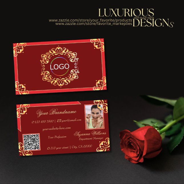 Deep Red Golden Ornate Logo Photo and QR Code Business Card (Creator Uploaded)