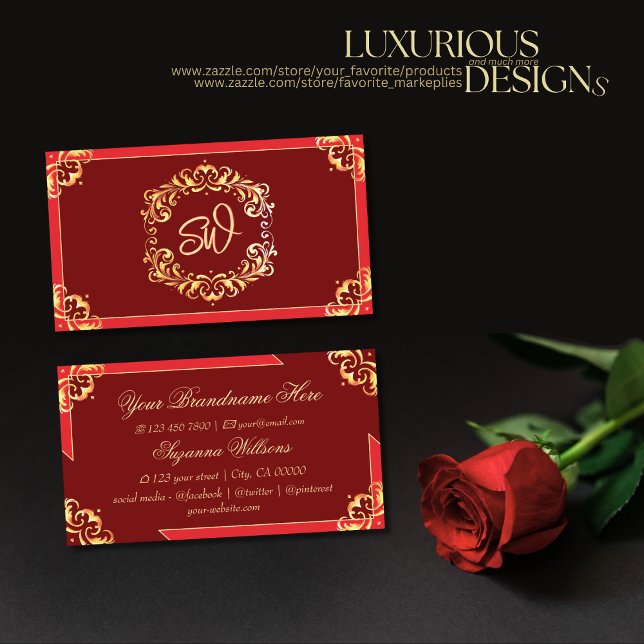 Deep Red Golden Ornate with Monogram Sophisticated Business Card (Creator Uploaded)