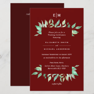 Deep Red Greenery Leaves Budget Wedding Invites A9