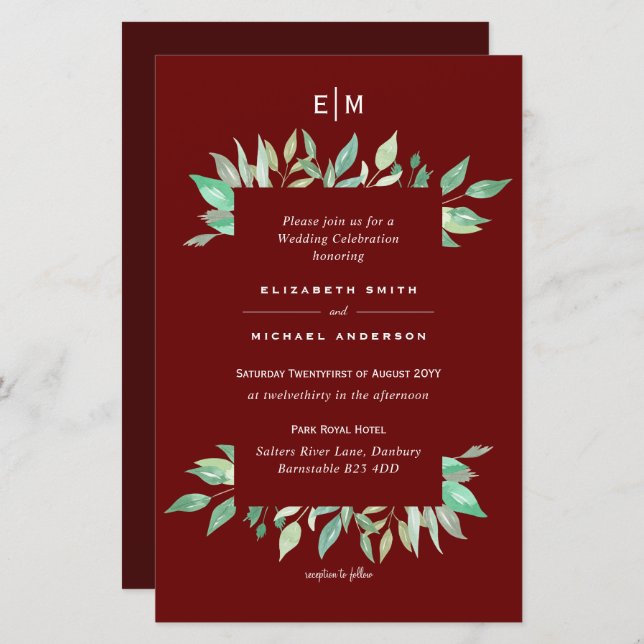 Deep Red Greenery Leaves Budget Wedding Invites A9 (Front/Back)