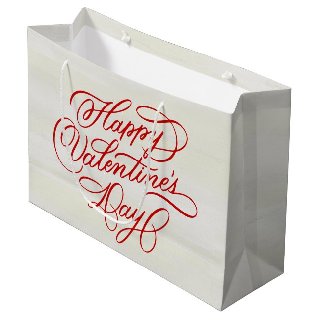 Deep Red Happy Valentines Day Calligraphy Large Gift Bag (Front Angled)