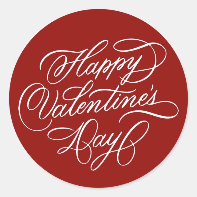 Deep Red Happy Valentines Day Elegant Calligraphy  Classic Round Sticker (Front)