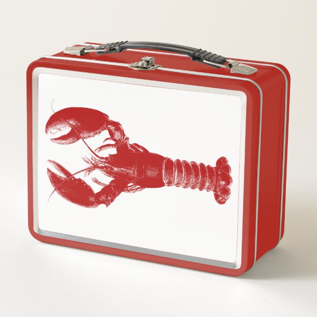 Deep Red Lobster on White Metal Lunch Box (Front)