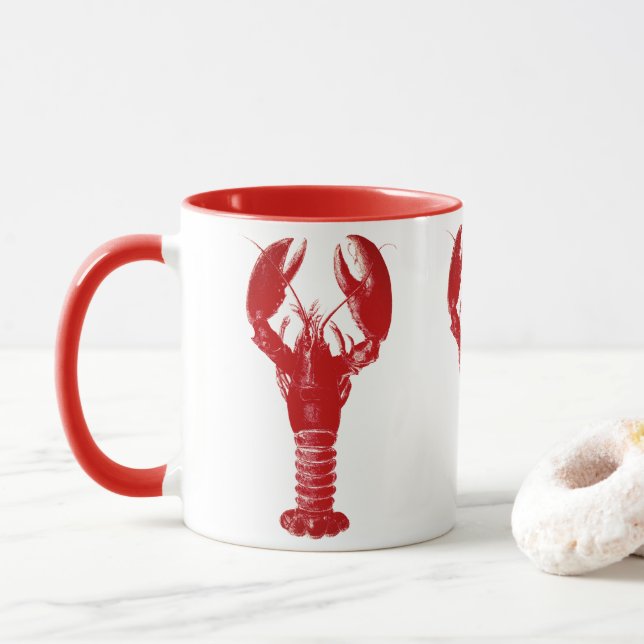 Deep Red Lobster on White  Mug (With Donut)