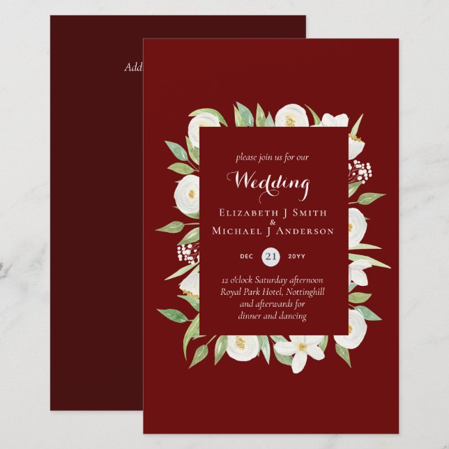Deep Red Magnolia Budget Wedding Invites A9 (Front/Back)