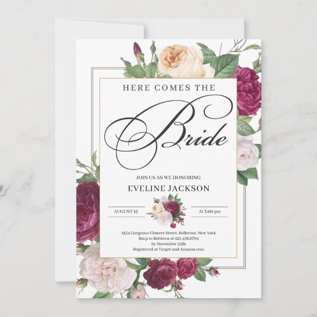 Deep red maroon burgundy floral gold bridal shower invitation (Front)