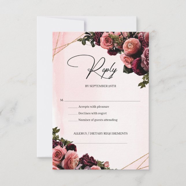 Deep red marsala mauve blush burgundy flowers RSVP card (Front)