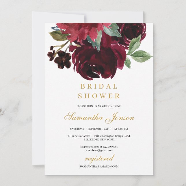 Deep red merlot flowers and gold winter bridal invitation (Front)