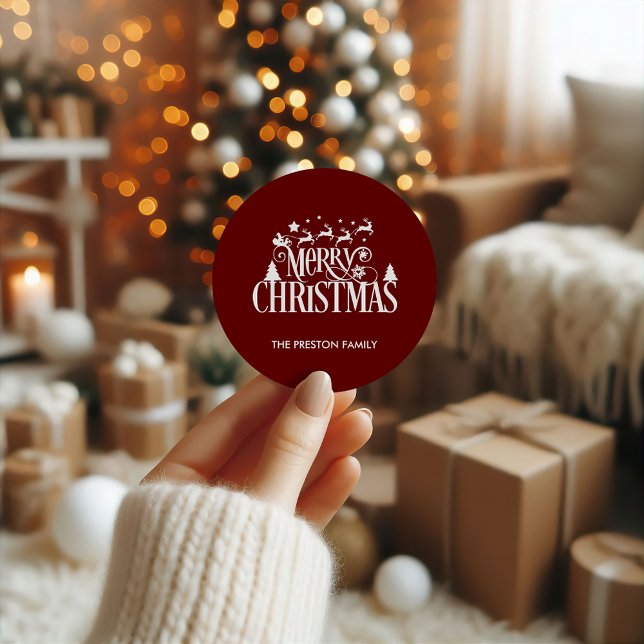 Deep Red Merry Christmas Classic Round Sticker (Deep Red Merry Christmas Classic Round Sticker)